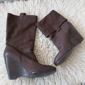 Ash brown leather mid-calf boots, size 38, 4" heel